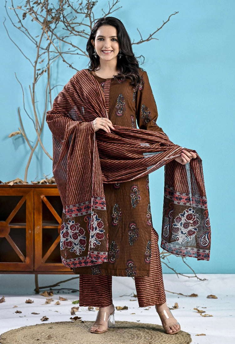 Brown Printed Cotton 3pc Suit Set