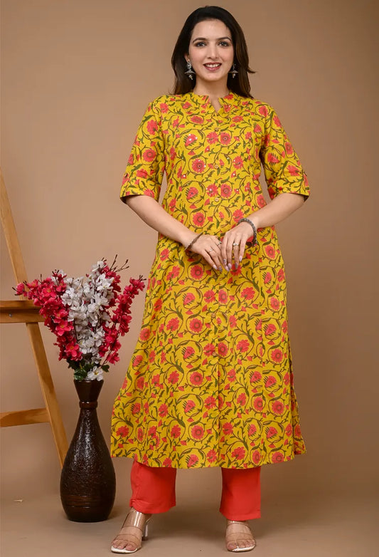 Yellow Cotton Printed 2PC Set