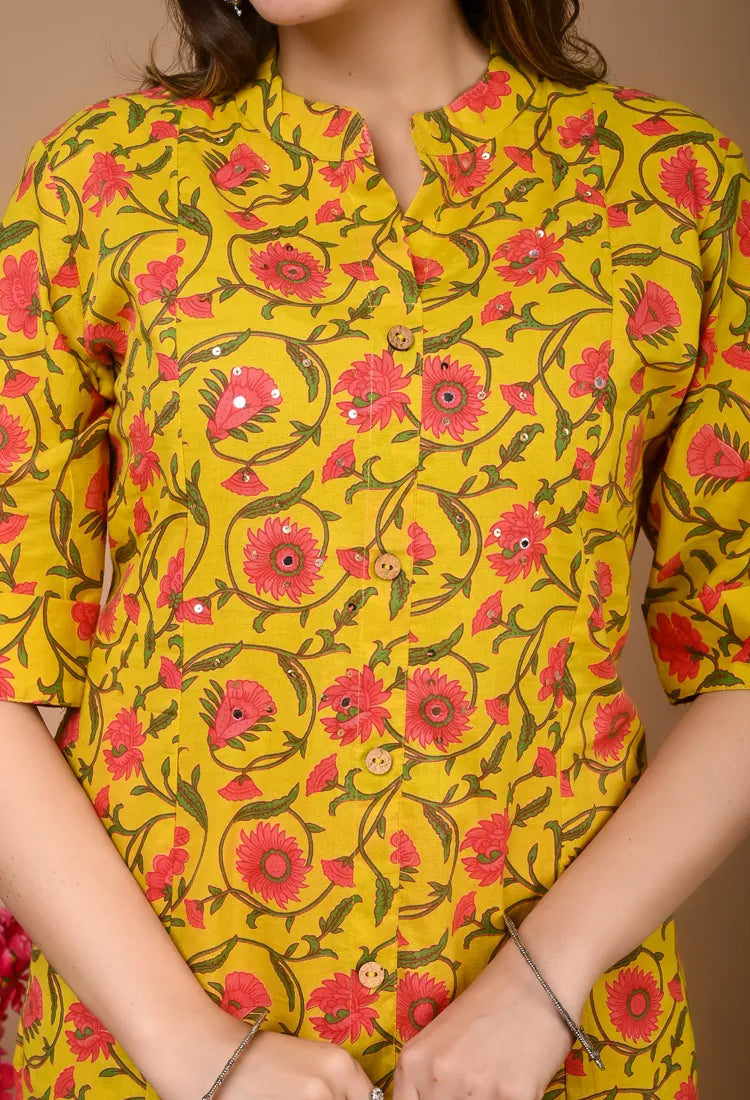 Yellow Cotton Printed 2PC Set