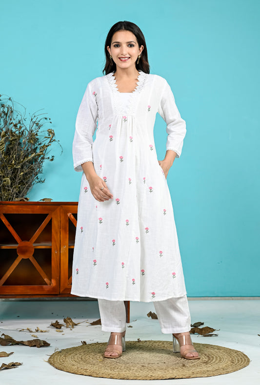 White Pink Embroidery Kurta Pant Set