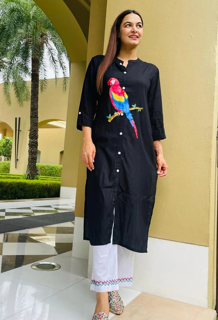 Parrot Handpainted Kurta Pant Set