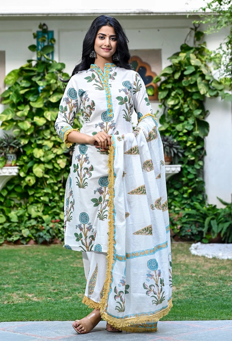 White block printed suit set