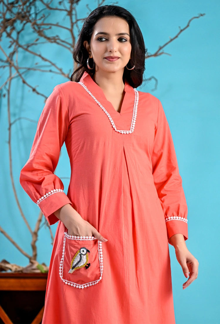 Peach Cotton Bird Kurta set