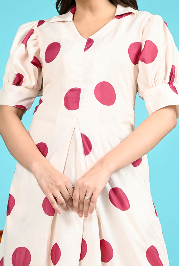 Off White Maroon Polka Dot Set