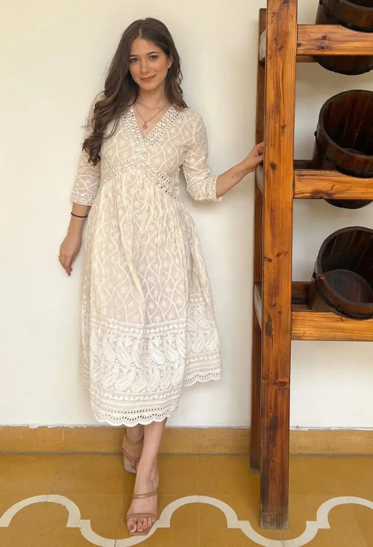 White Chikan Embroidery Short Dress