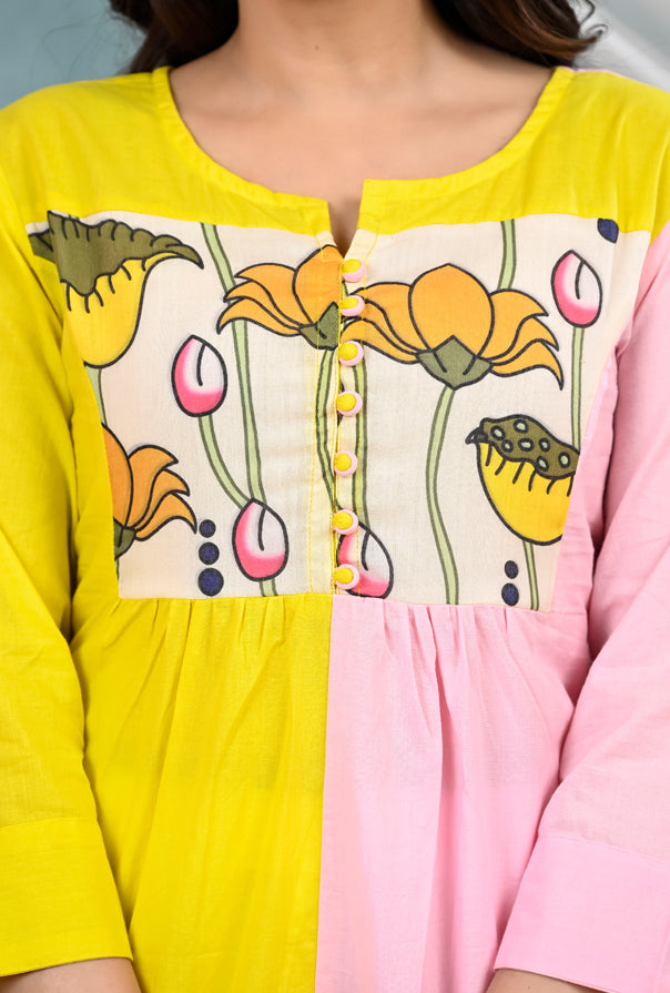 Yellow Pink Patch Work Kurta Pants Set