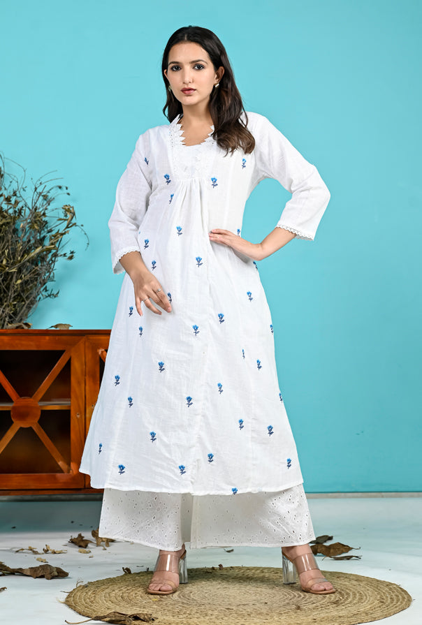 White Blue Embroidery Kurta Pant Set