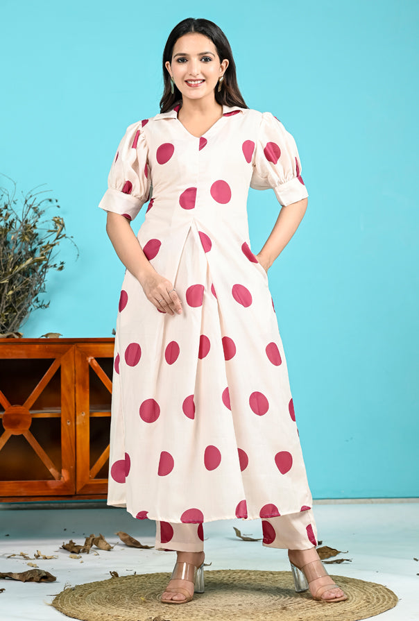 Off White Maroon Polka Dot Set