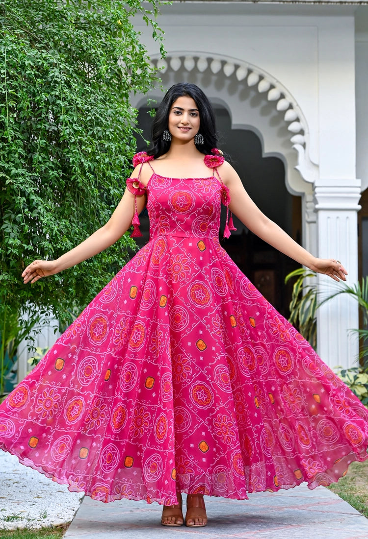 Pink Bandhani Flared Tie-Up Gown