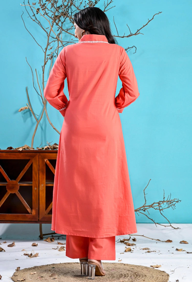 Peach Cotton Bird Kurta set