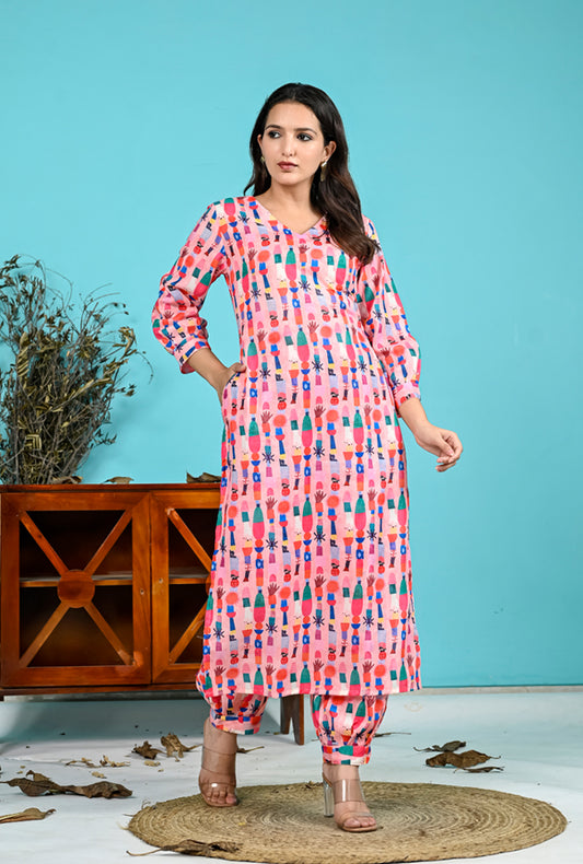 Pink Printed Cotton kurta Pants Set