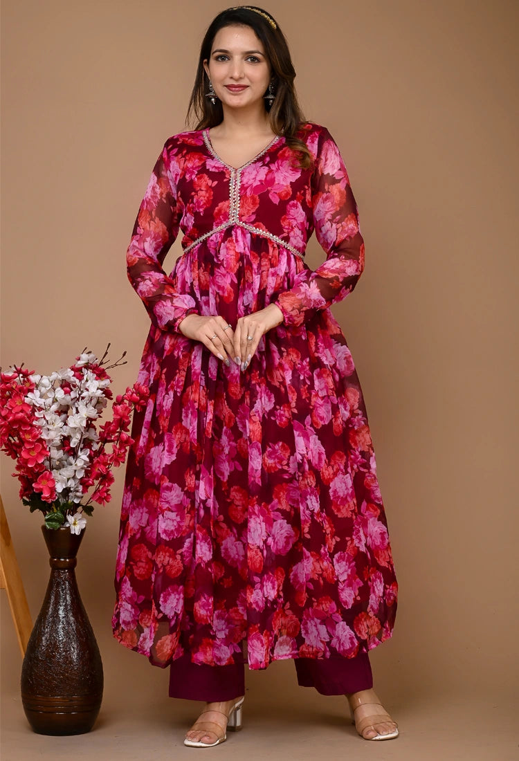 Wine Floral Alia Cut Suit Set