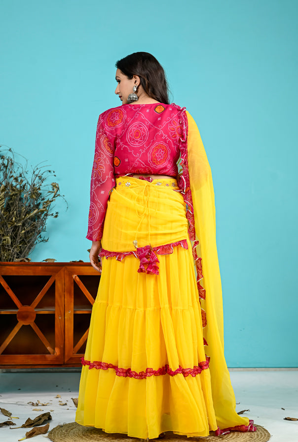 Yellow Skirt with attached Dupatta and Pink Bandhani Handwork Crop top Set