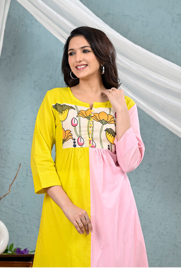 Yellow Pink Patch Work Kurta Pants Set