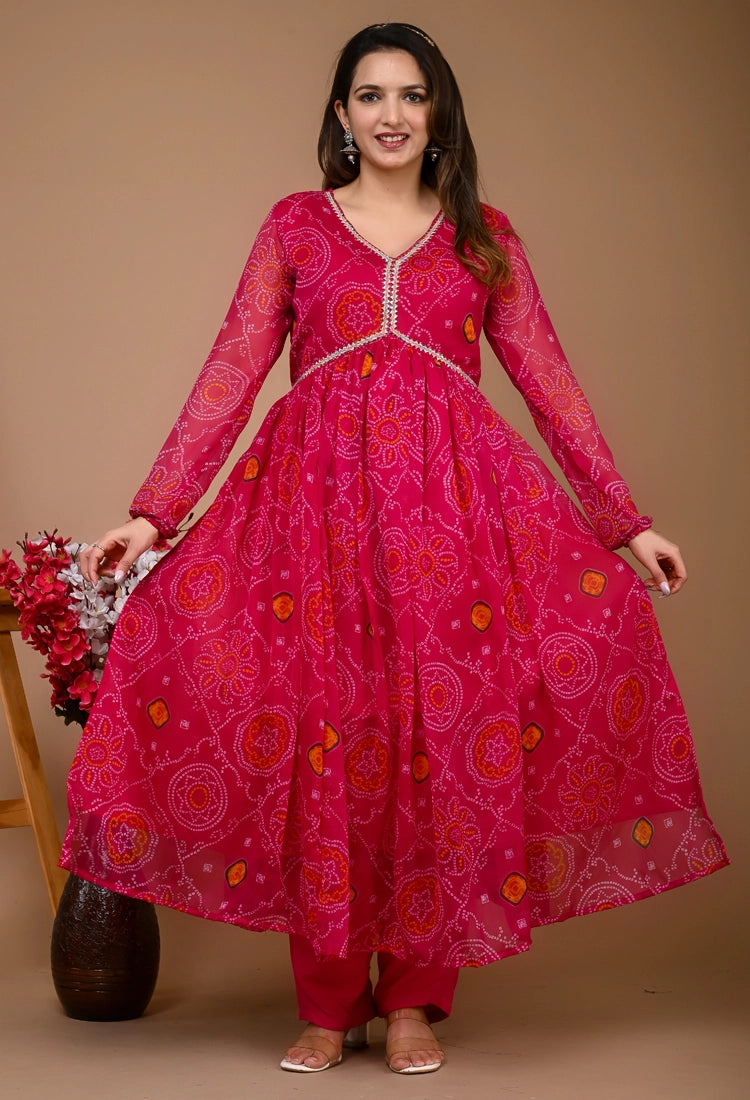 Pink Chiffon Alia Cut Suit Set