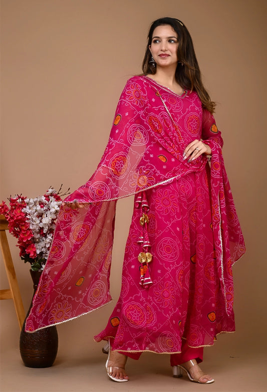 Bandhani Anarkali Side Dori Suit Set