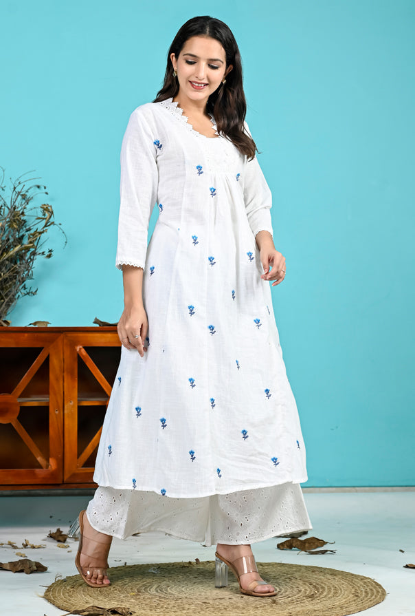 White Blue Embroidery Kurta Pant Set