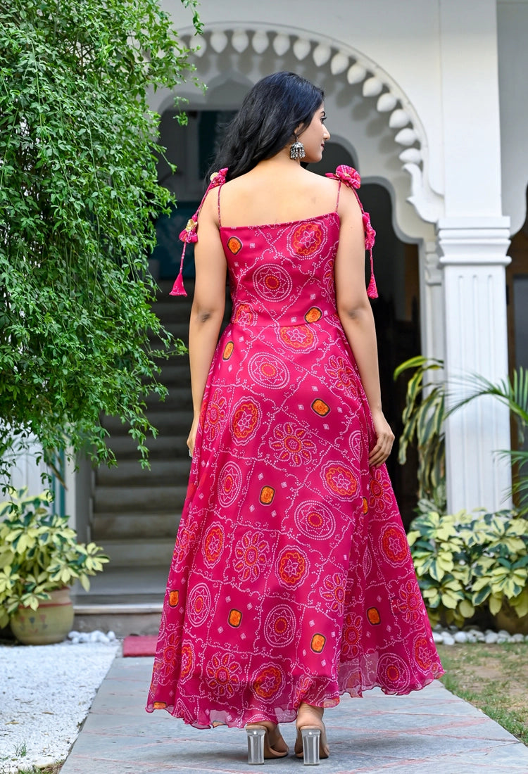 Pink Bandhani Flared Tie-Up Gown