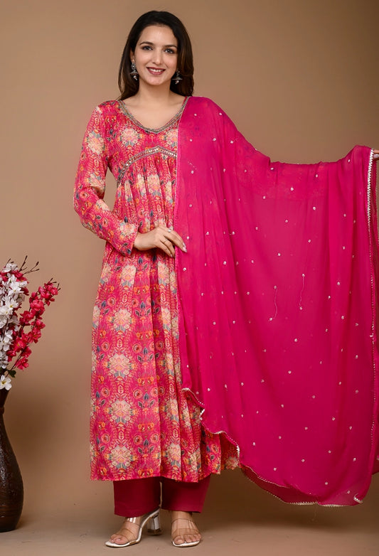 Pink Printed Alia Cut Suit Set