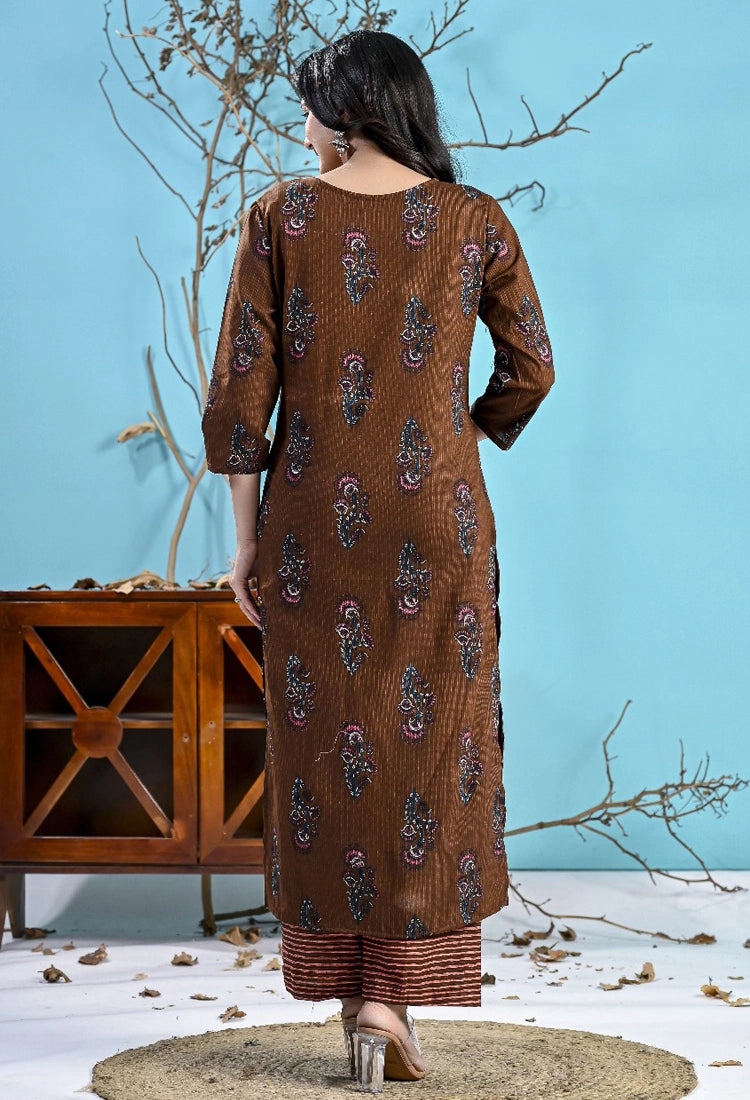 Brown Printed Cotton 3pc Suit Set