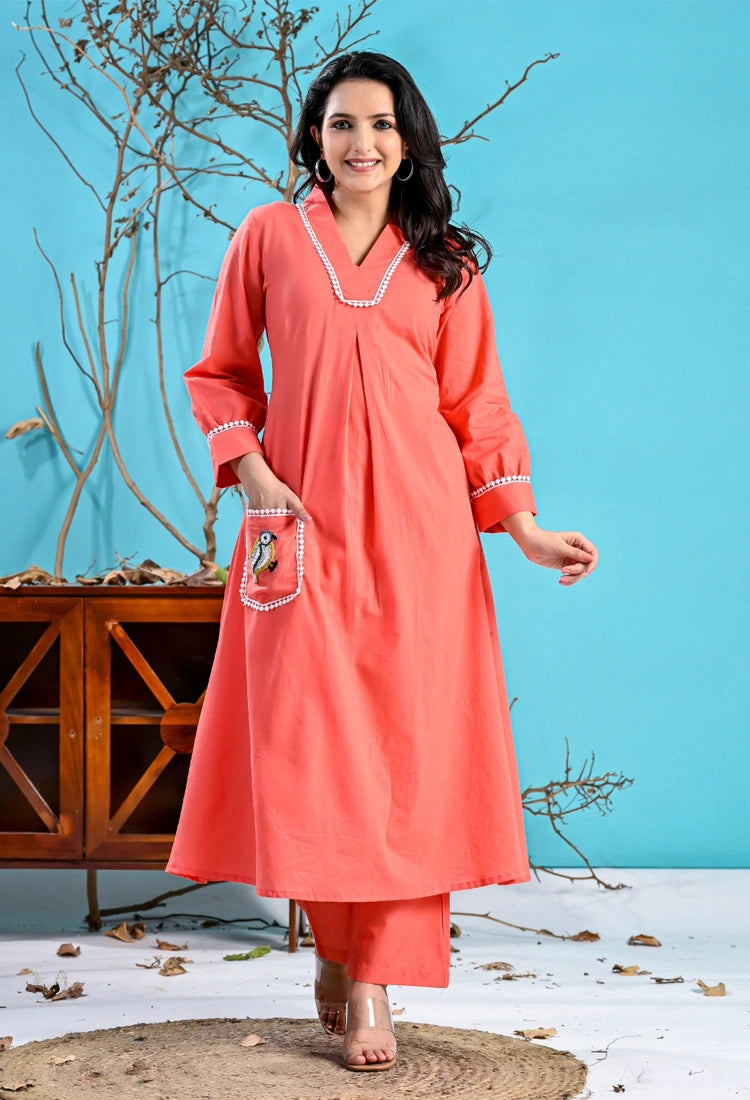 Peach Cotton Bird Kurta set