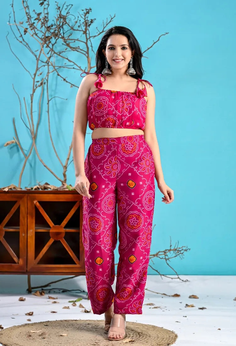 Pink Bandhni Crop Top Shirt Set