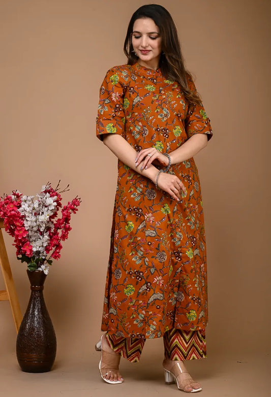 Brown Printed Kurta Pant Set