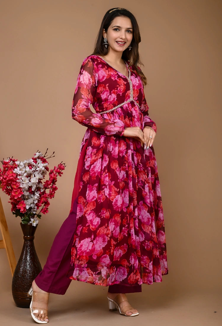 Wine Floral Alia Cut Suit Set