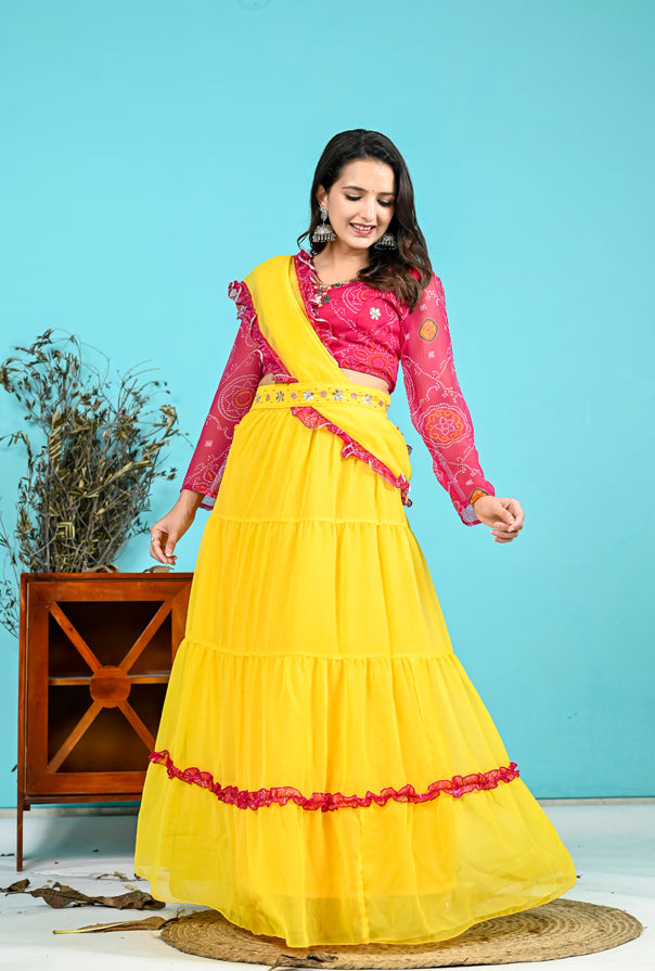 Yellow Skirt with attached Dupatta and Pink Bandhani Handwork Crop top Set