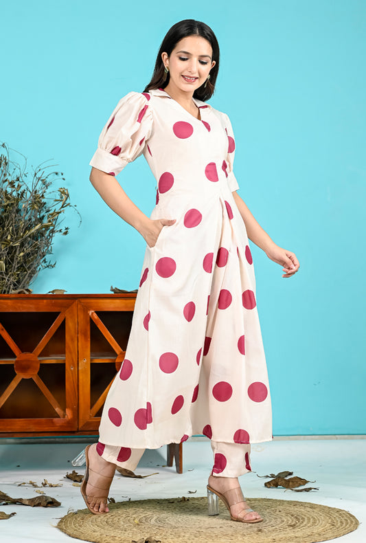 Off White Maroon Polka Dot Set