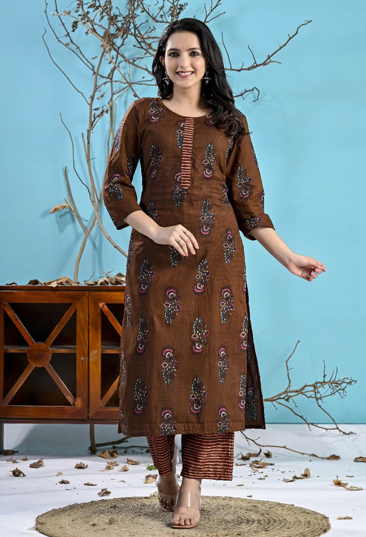 Brown Printed Cotton 3pc Suit Set