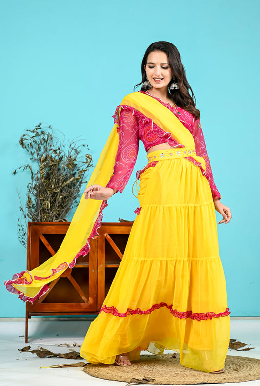 Yellow Skirt with attached Dupatta and Pink Bandhani Handwork Crop top Set