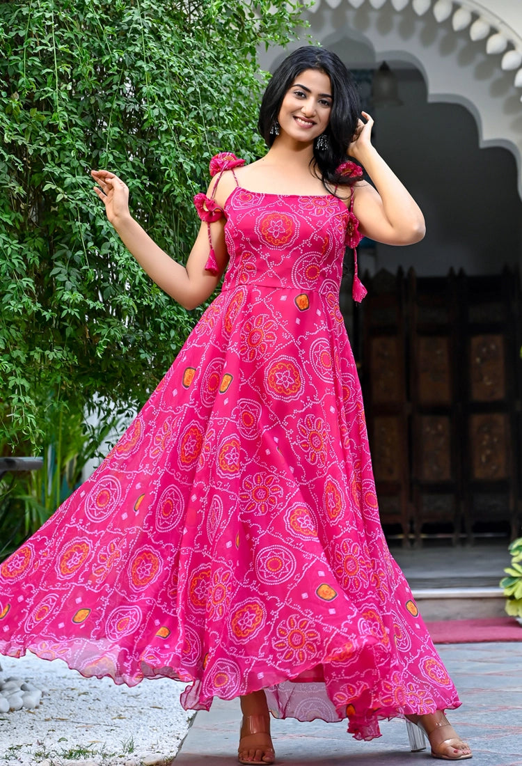 Pink Bandhani Flared Tie-Up Gown