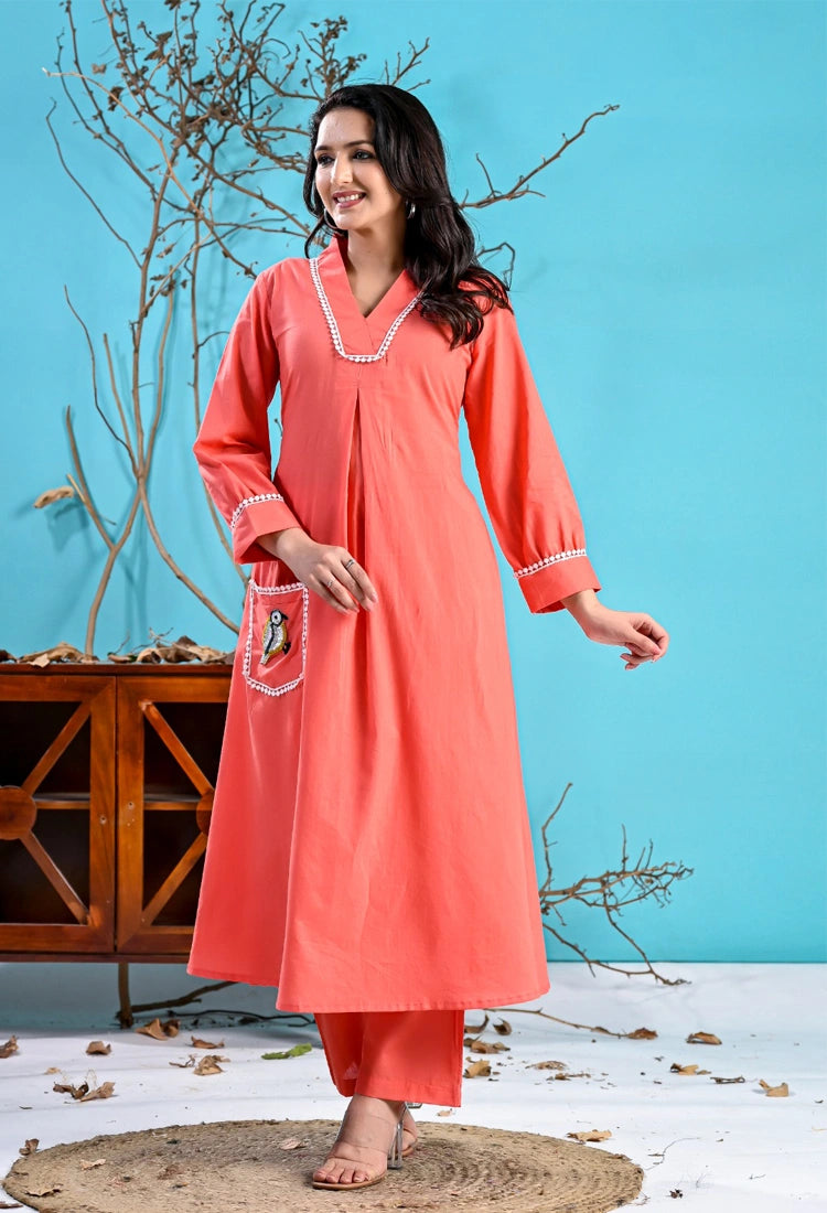 Peach Cotton Bird Kurta set