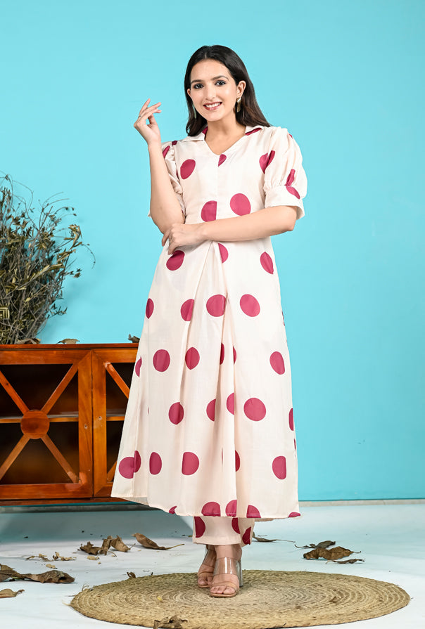 Off White Maroon Polka Dot Set