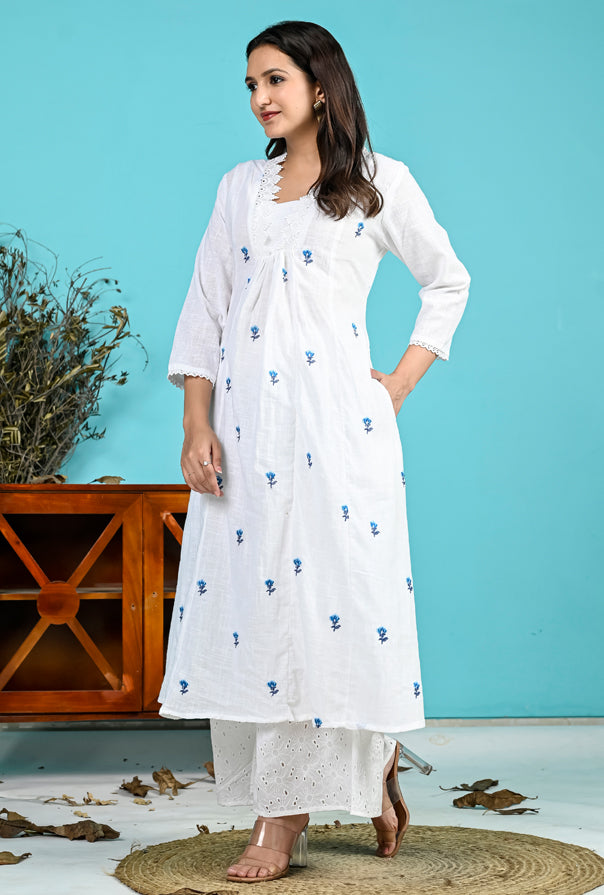 White Blue Embroidery Kurta Pant Set