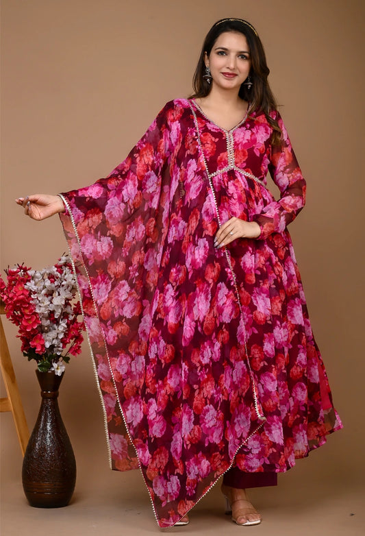 Wine Floral Alia Cut Suit Set