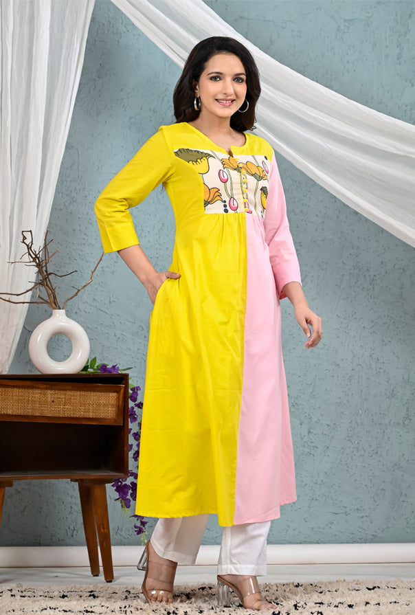 Yellow Pink Patch Work Kurta Pants Set