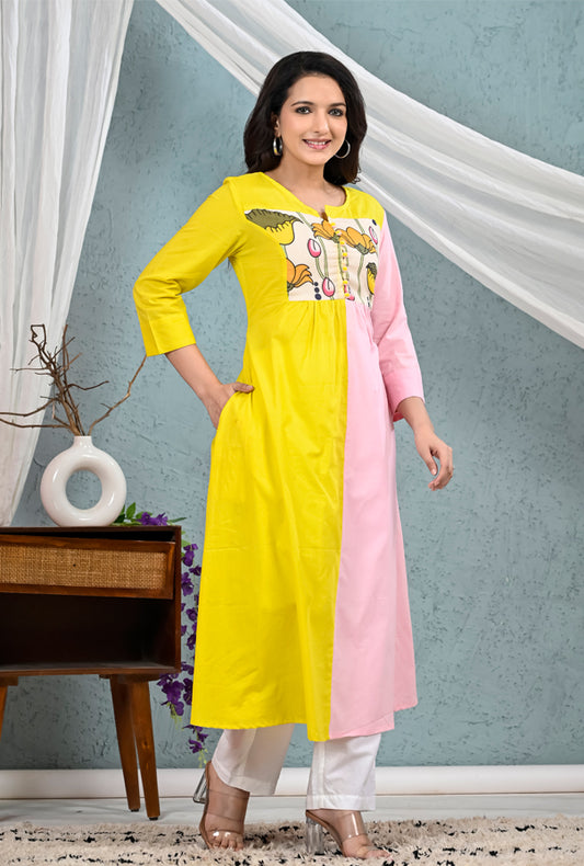 Yellow Pink Patch Work Kurta Pants Set