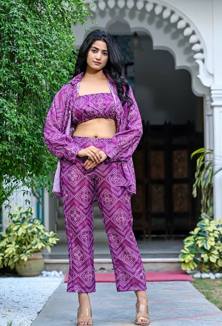 Wine Bandhani Crop Top Shirt Set