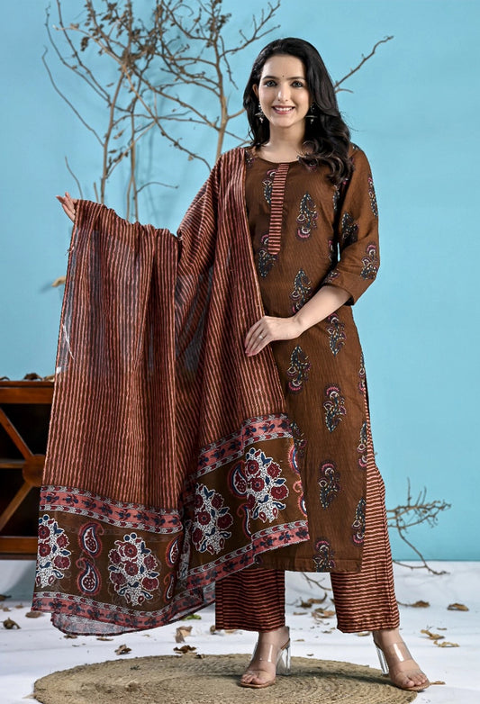 Brown Printed Cotton 3pc Suit Set