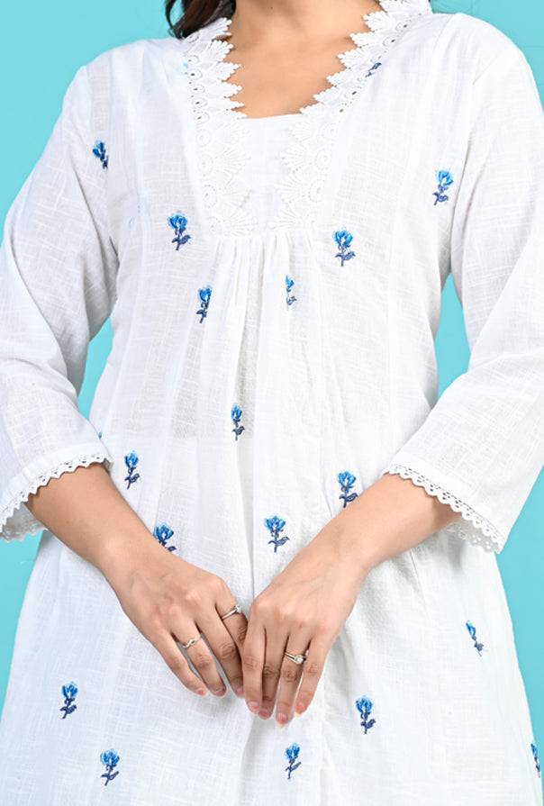 White Blue Embroidery Kurta Pant Set