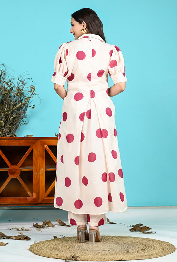 Off White Maroon Polka Dot Set