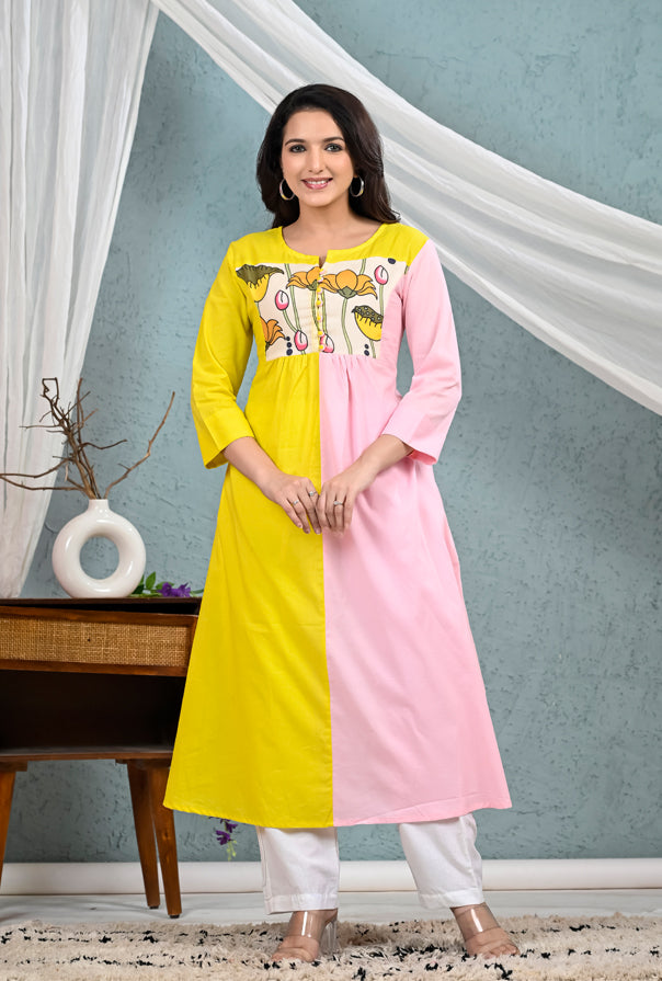 Yellow Pink Patch Work Kurta Pants Set