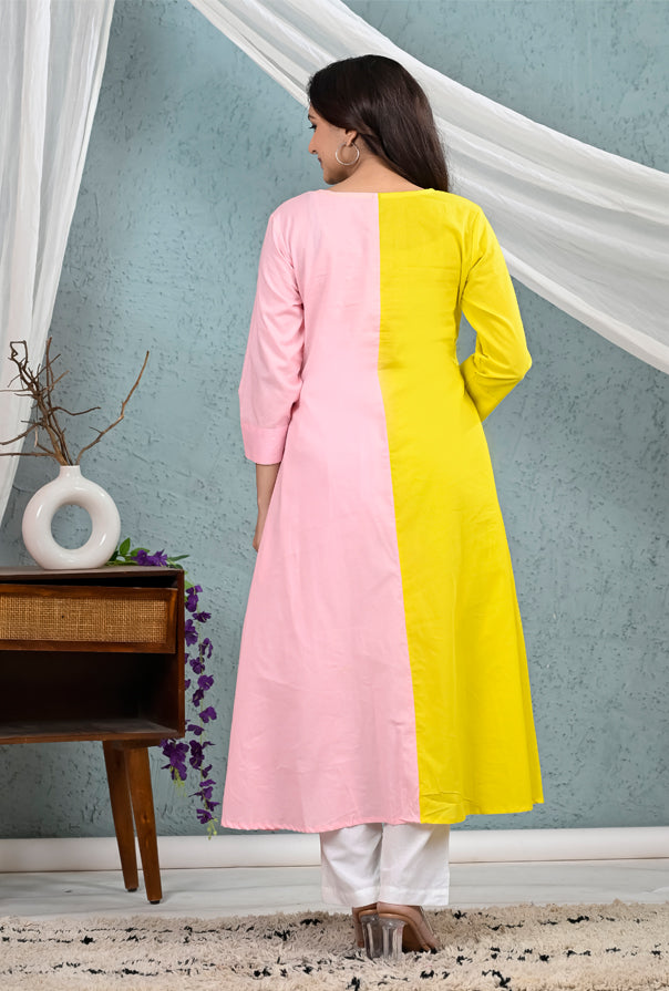 Yellow Pink Patch Work Kurta Pants Set